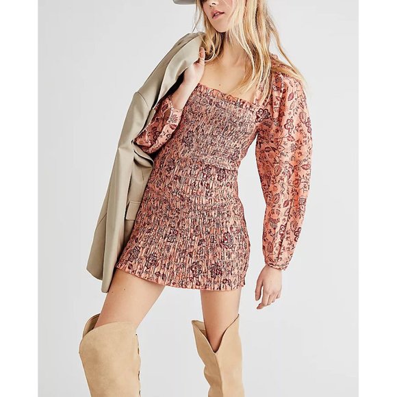FREE PEOPLE Smock It To Me Mini Dress / Apricot Combo NWT - Picture 1 of 14